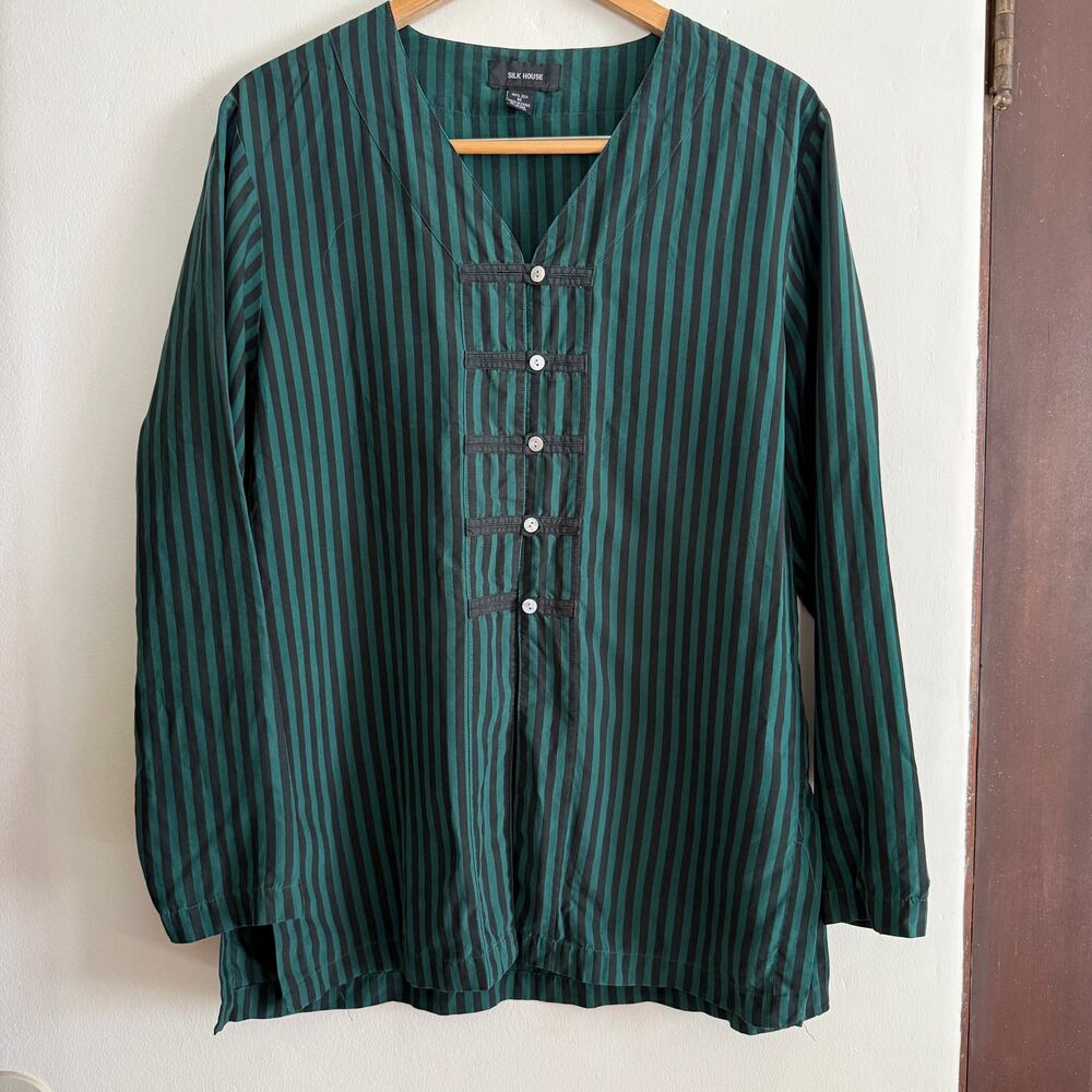 90s Vintage Silk House | Green and Black Striped Asian inspired Top | Medium